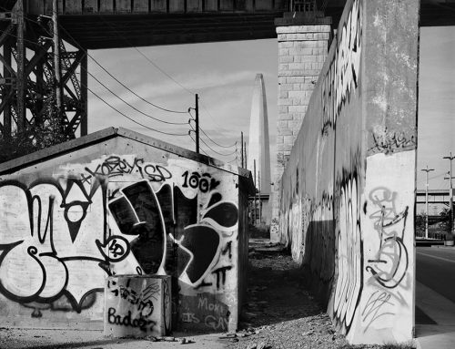 Graffiti, Flood Wall, and the Arch, Chouteau’s Landing, 2017
